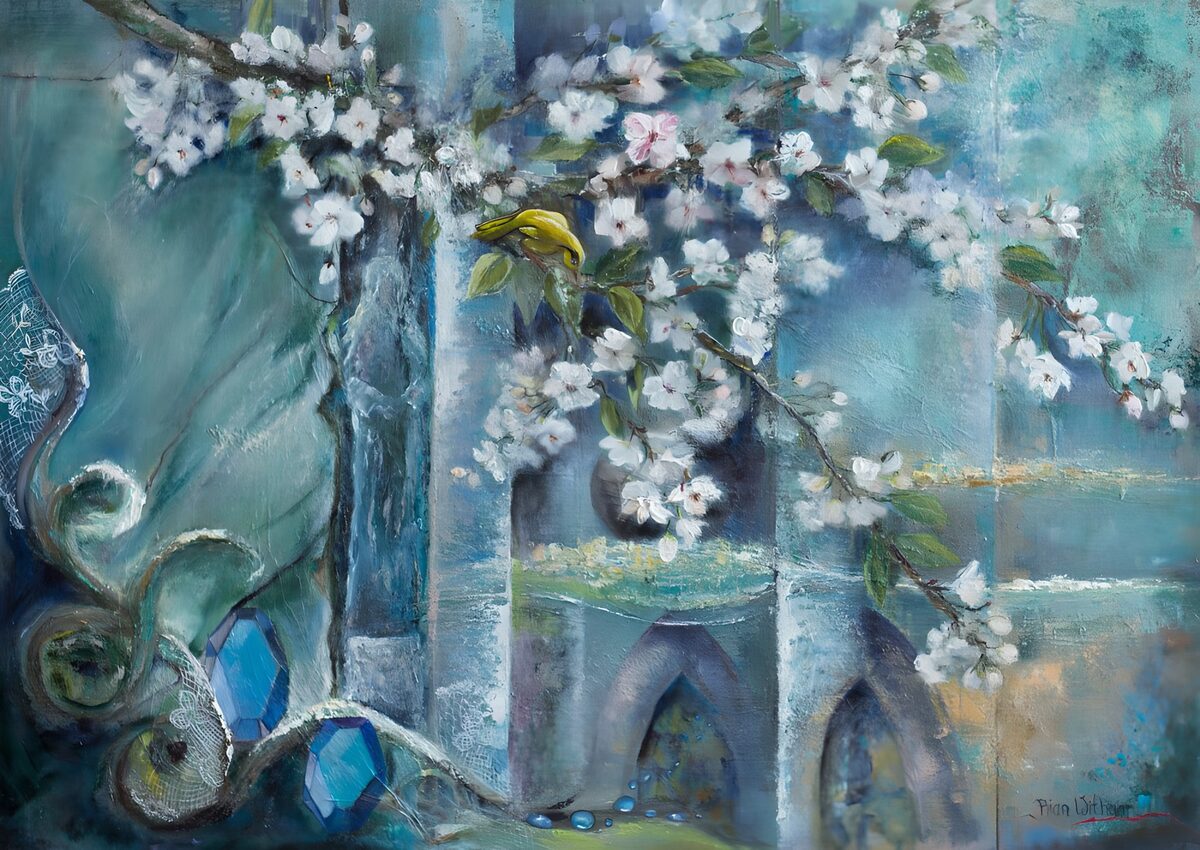 Witte bloesem op een turquoise achtergrond