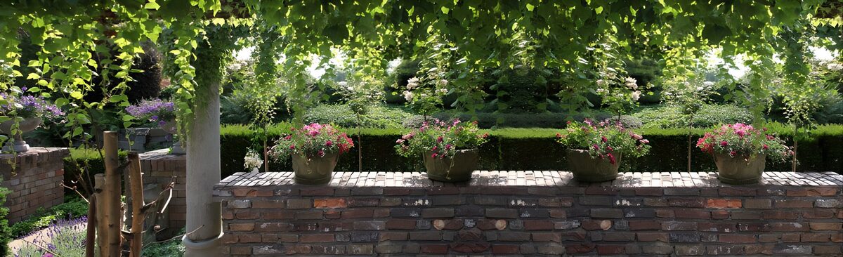 Vier bloempotten op een zonnige tuinmuur
