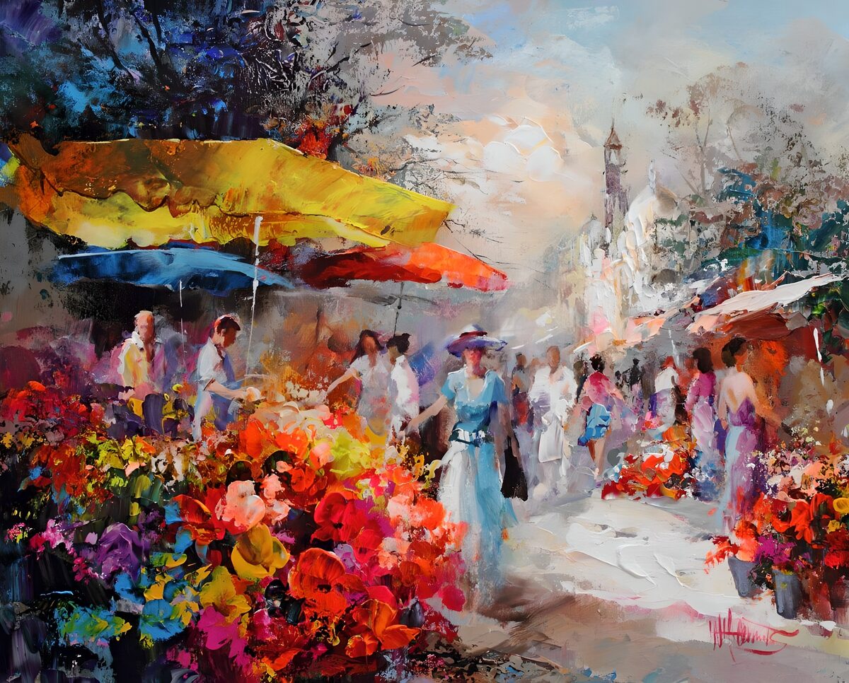 Kleurrijke bloemenmarkt onder parasols