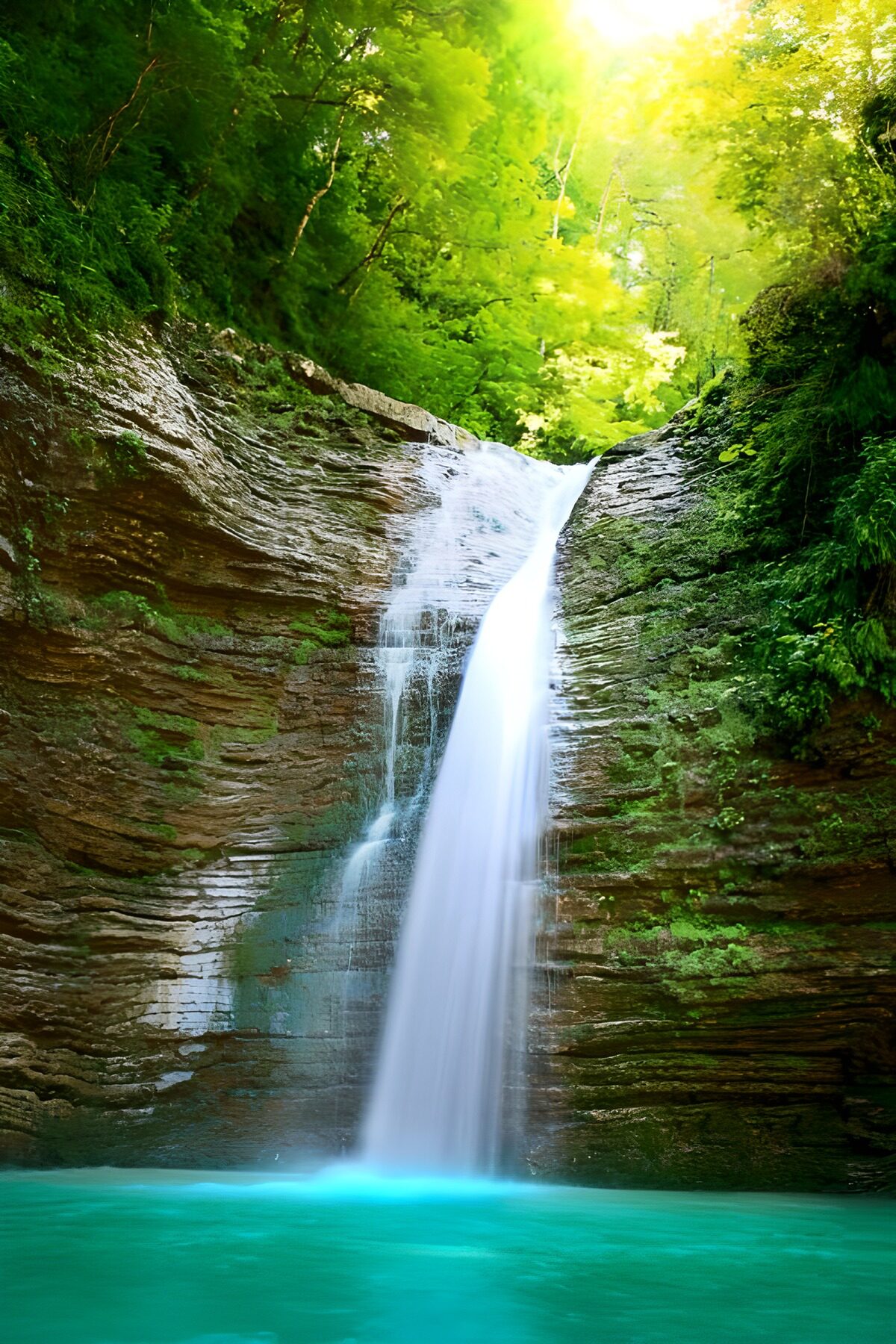 Waterval in een zonovergoten bos