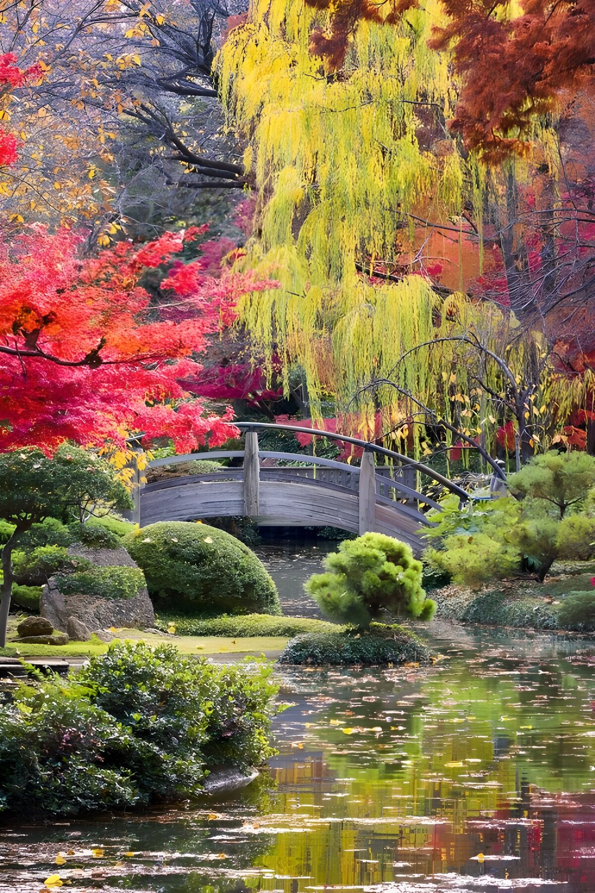 Herfsttuin met houten boogbrug