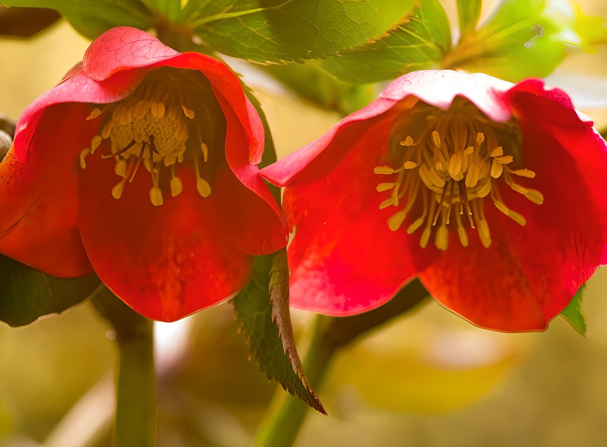 Rode helleborus in warm tegenlicht