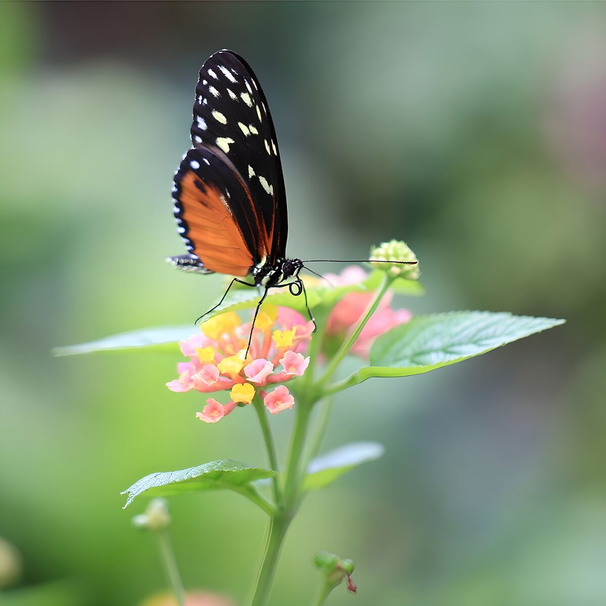 Oranje-zwarte vlinder op roze lantana