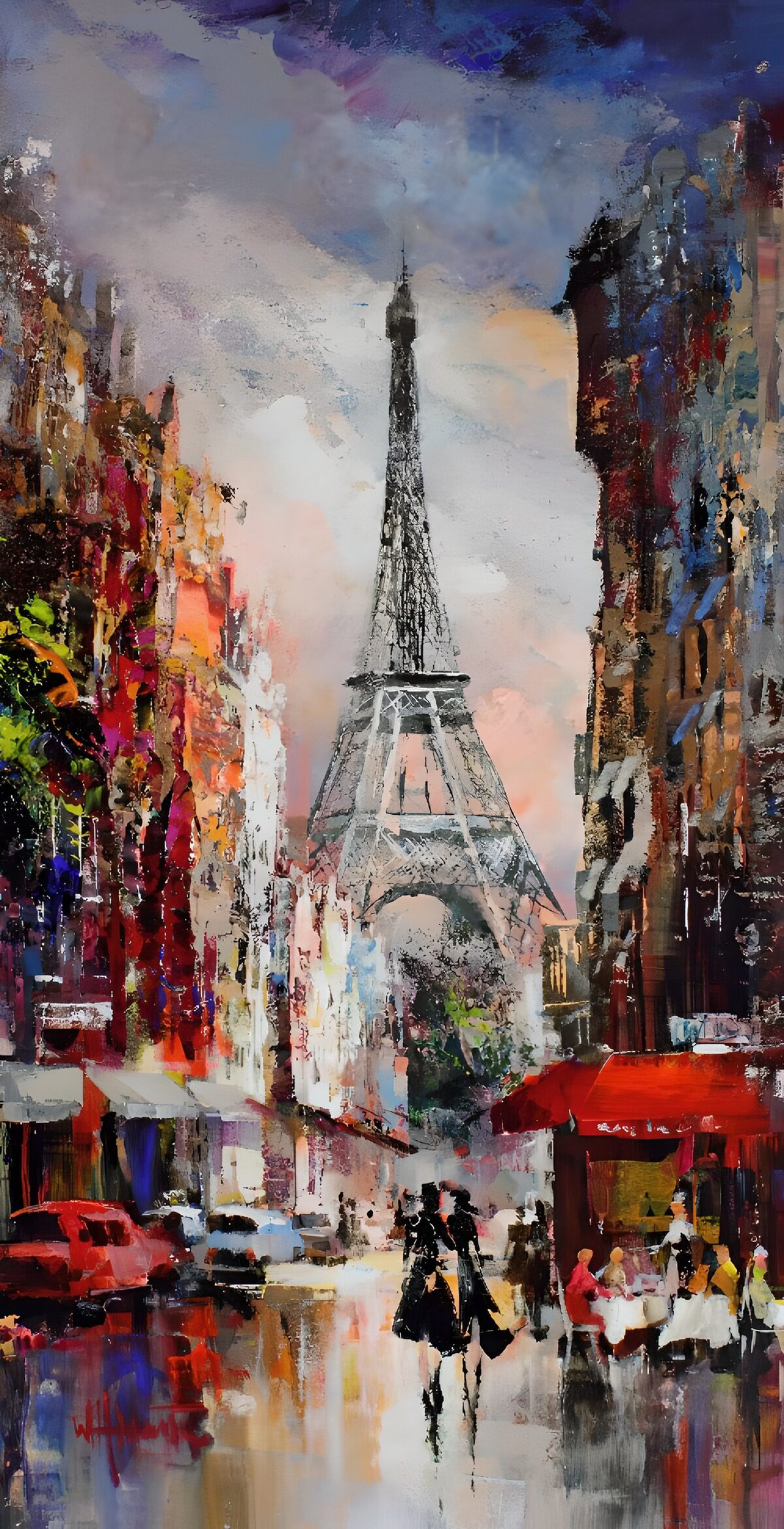 Eiffeltoren boven een kleurrijke straat