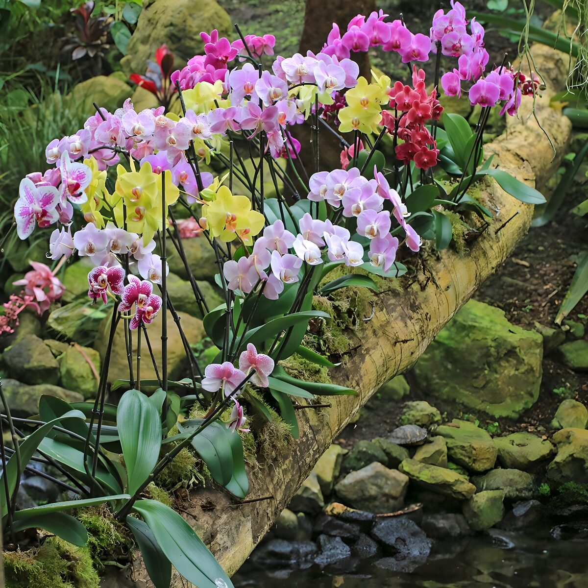 Orchideeën in roze, lila en geel