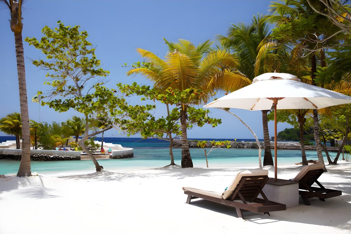 Wit strand met palmen en ligstoelen