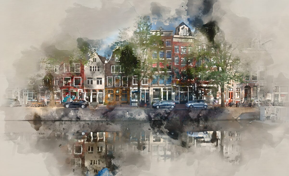 Grachtenhuizen in zachte waterverf