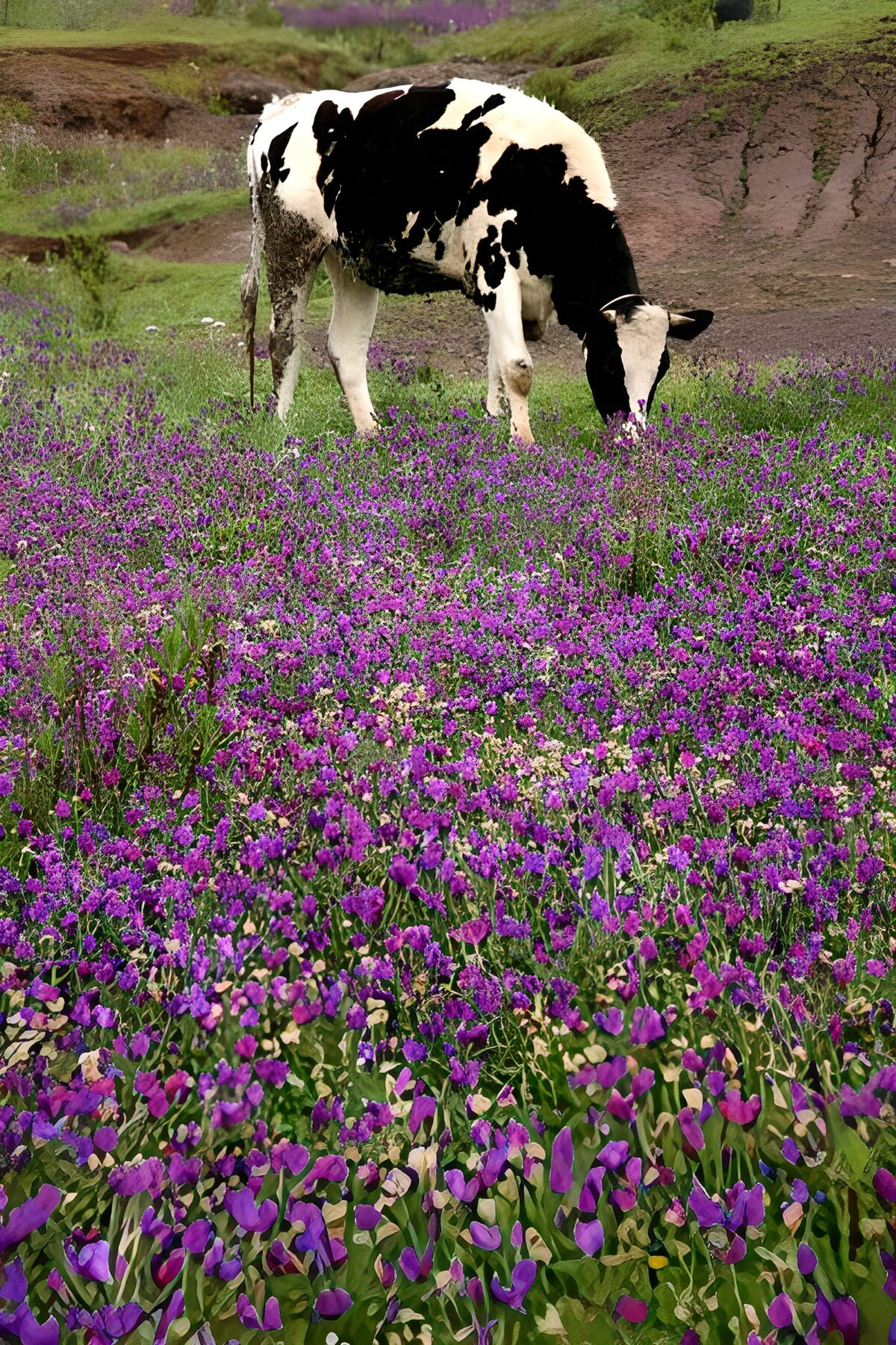 Zwart-witte koe in een paarse bloemenweide