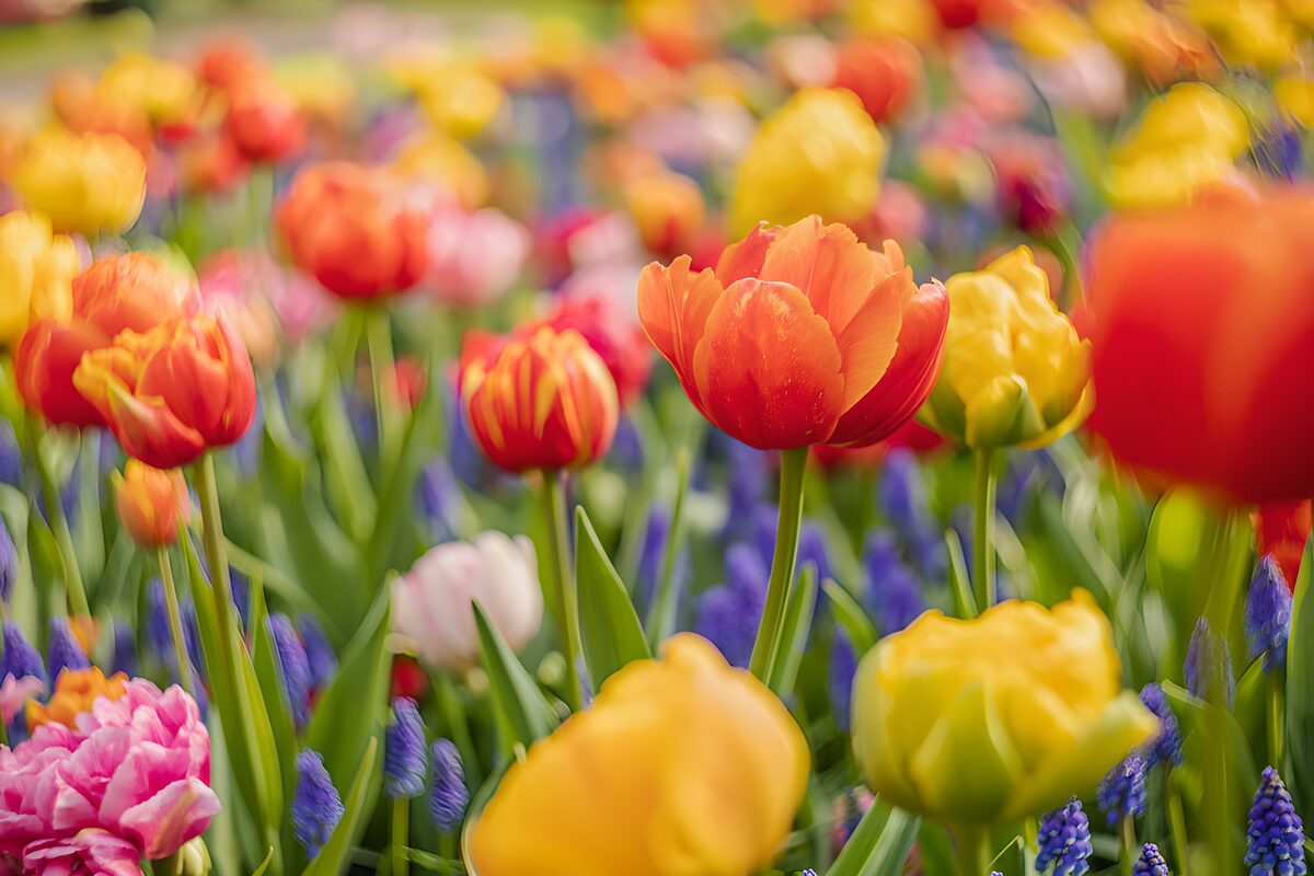 Kleurrijke tulpen tussen blauwe druifjes