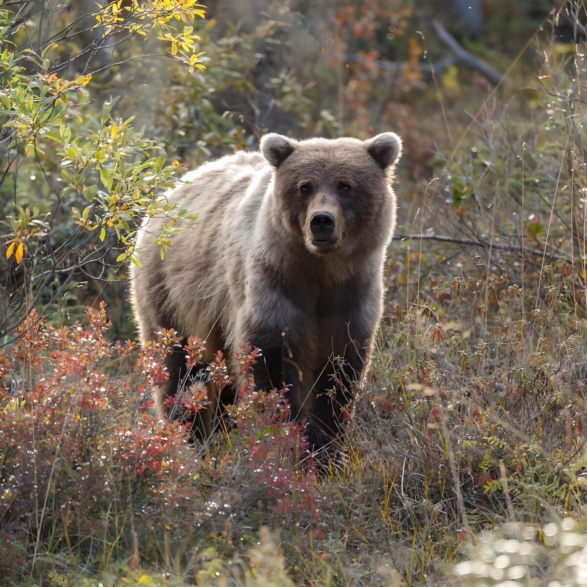 Bruine beer tussen herfststruiken