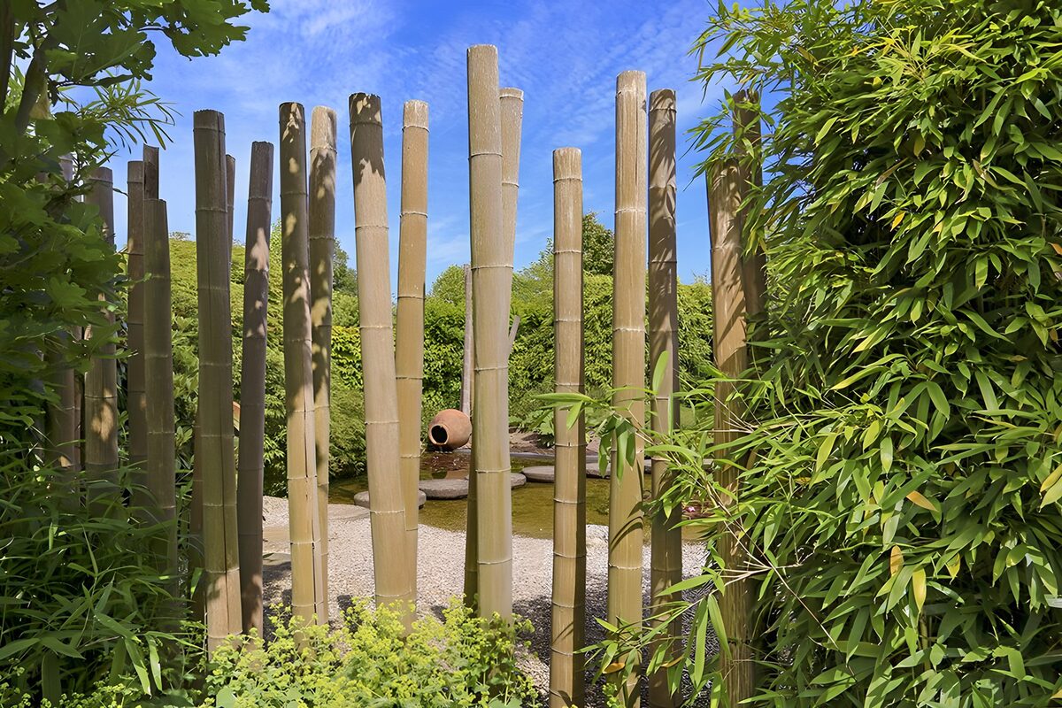 Bamboestokken in een groene tuin