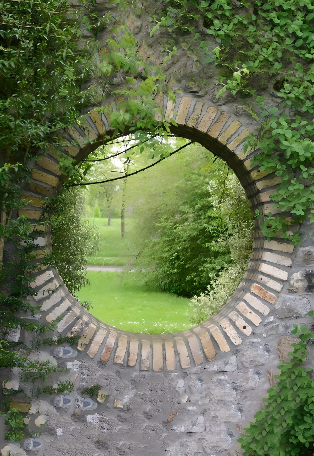 Rond venster op een groene tuin