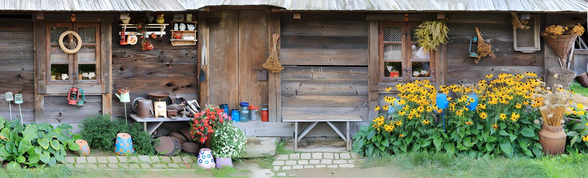 Rustieke houten gevel met gele bloemen