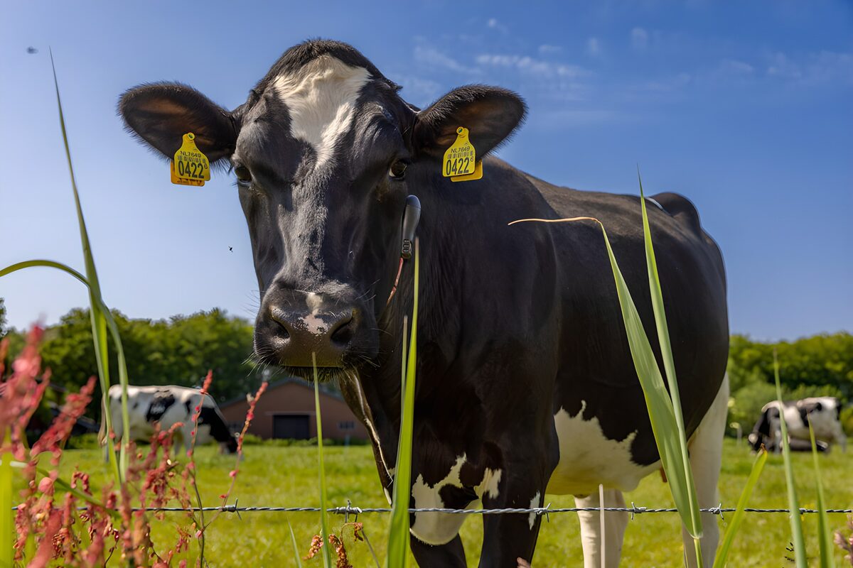 Zwartbonte koe achter het prikkeldraad
