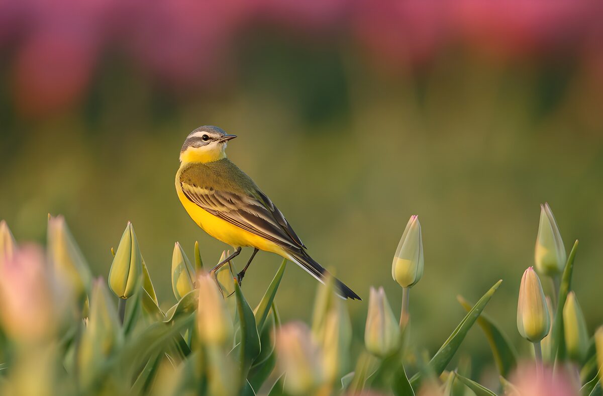 Gele kwikstaart tussen de tulpenknoppen