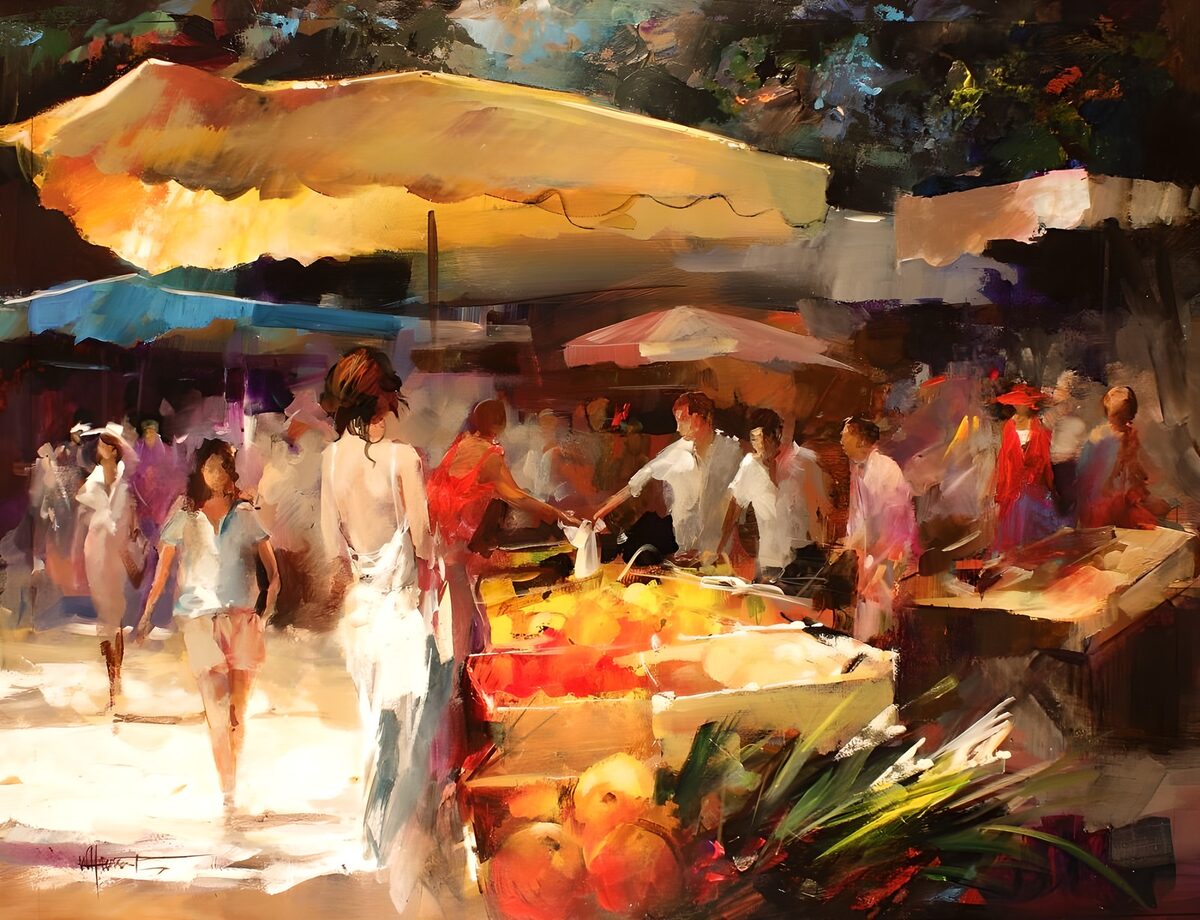 Drukke markt onder gele parasols