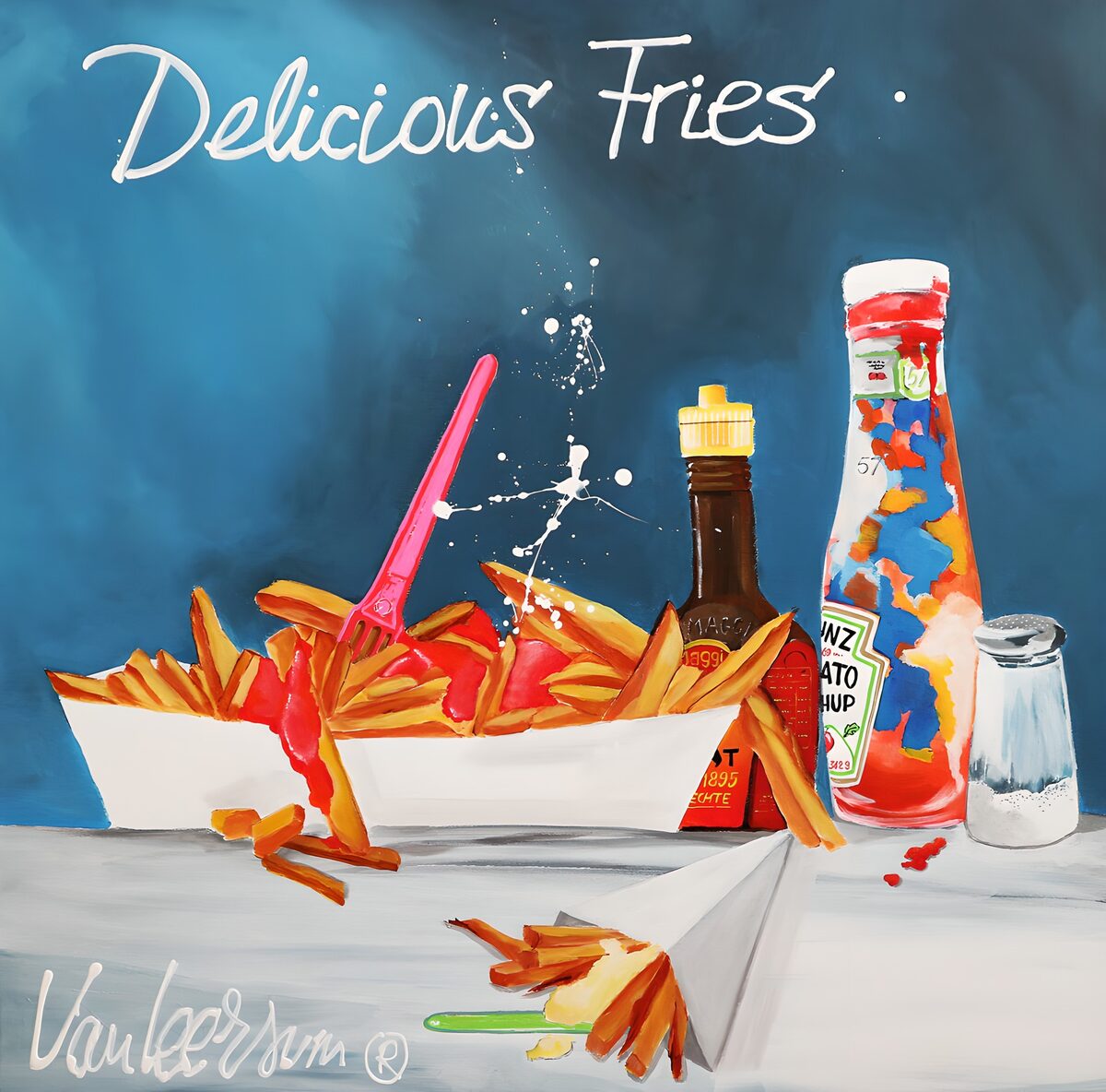 Friet met ketchup in bonte kleuren
