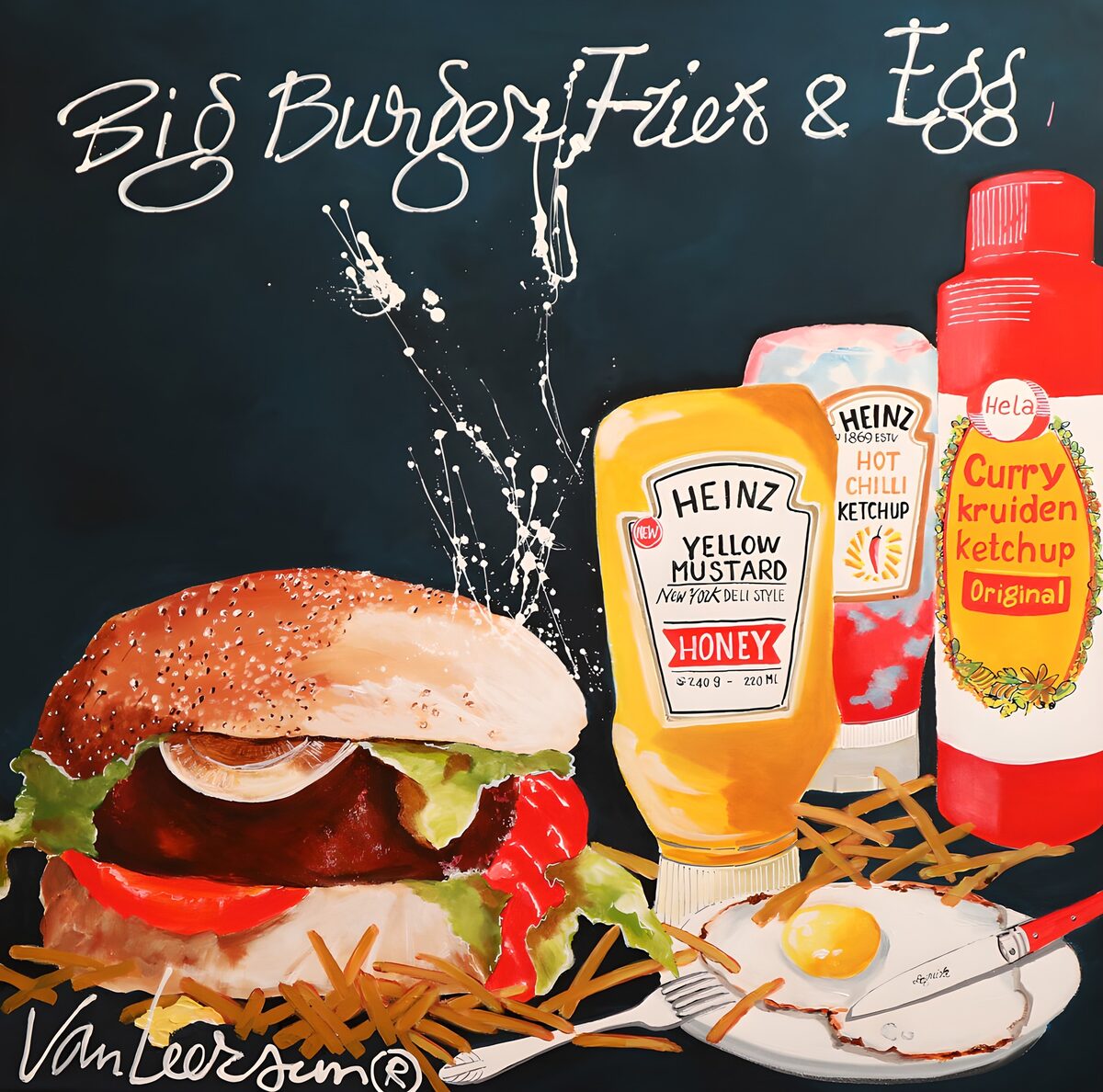 Burger met friet, spiegelei en saus