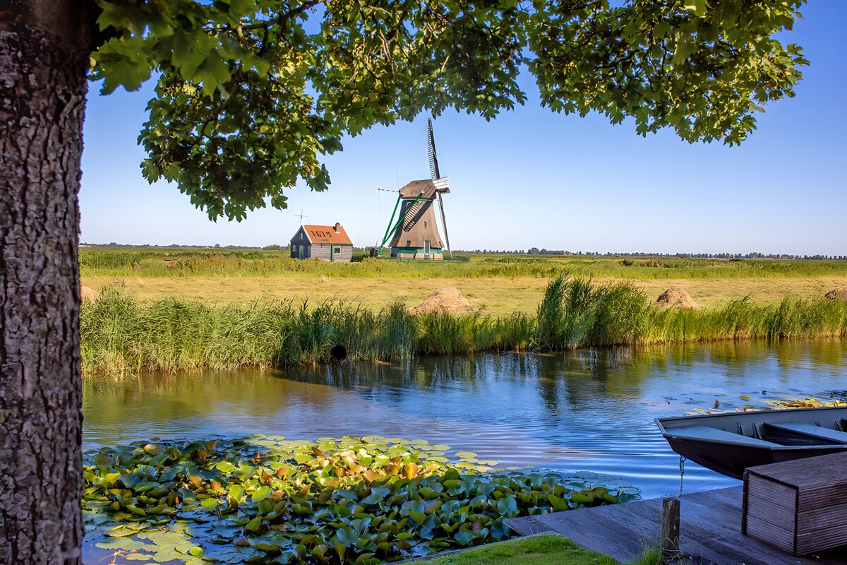 Windmolen aan het water in de zomer