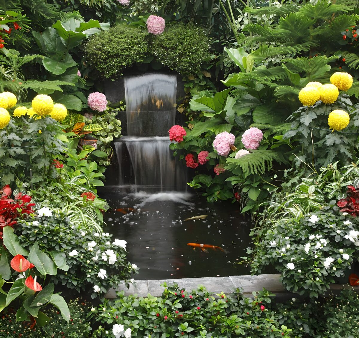 Vijver met waterval en kleurrijke bloemen