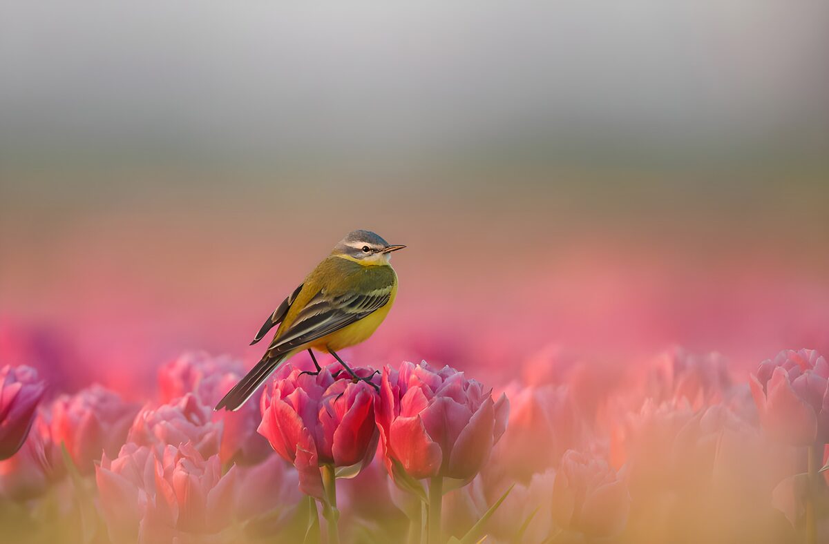 Gele kwikstaart in een zee van roze
