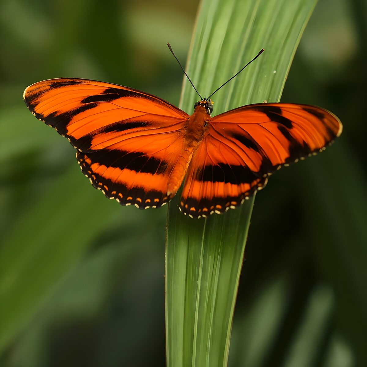 Oranje-zwarte vlinder op een groen blad