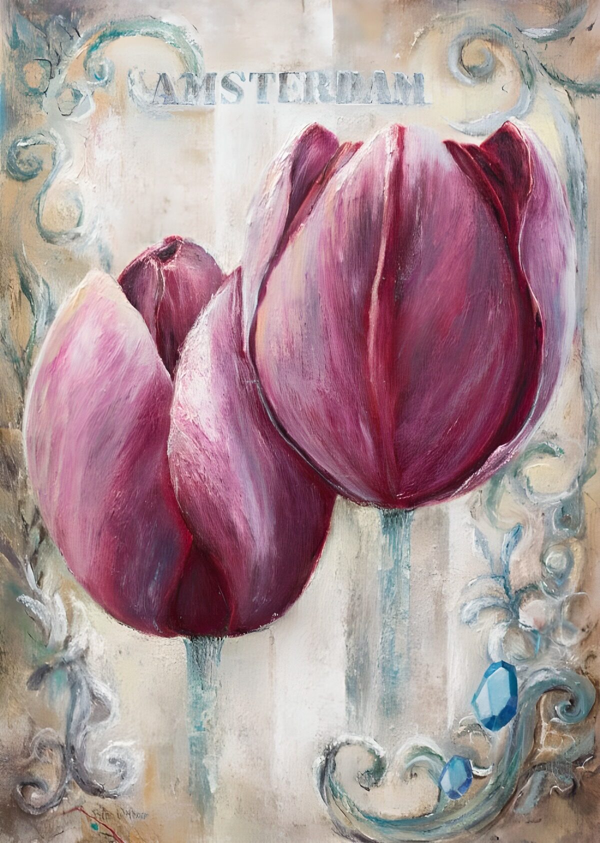 Roze en paarse tulpen met sierkrullen