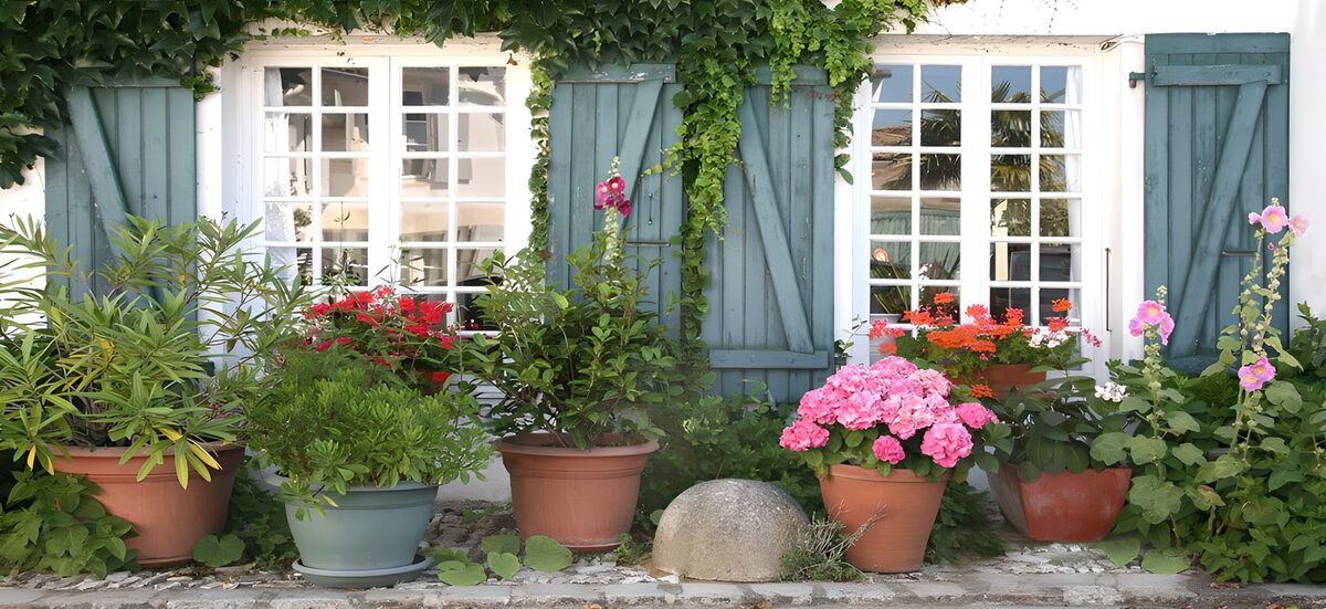 Bloempotten voor blauwgroene luiken
