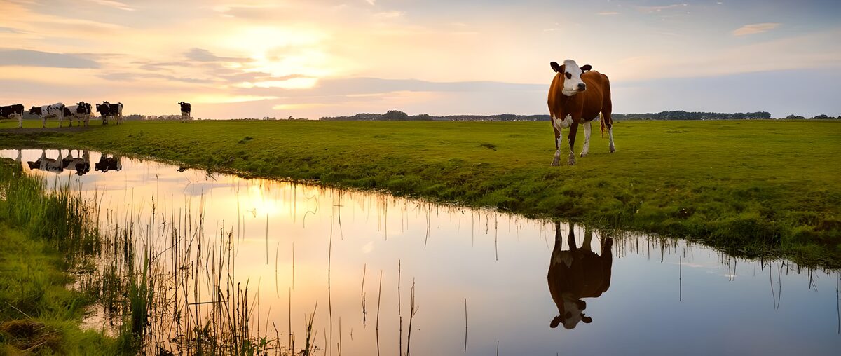 Koe aan de sloot in gouden licht