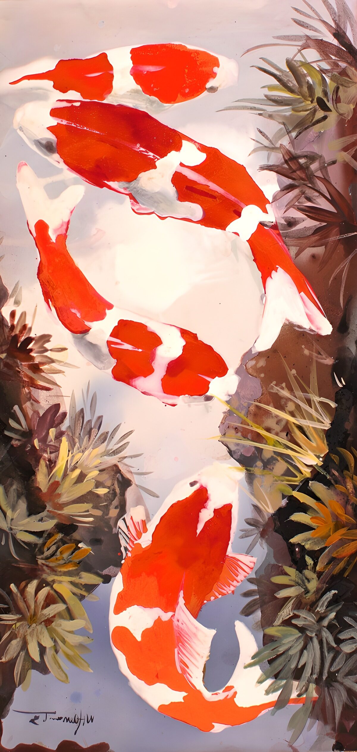 Rood-witte koi tussen waterplanten