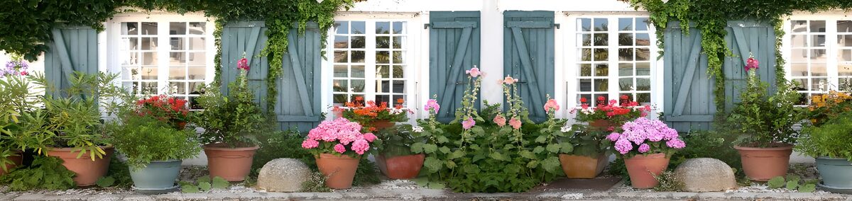 Blauwe luiken en roze bloemen