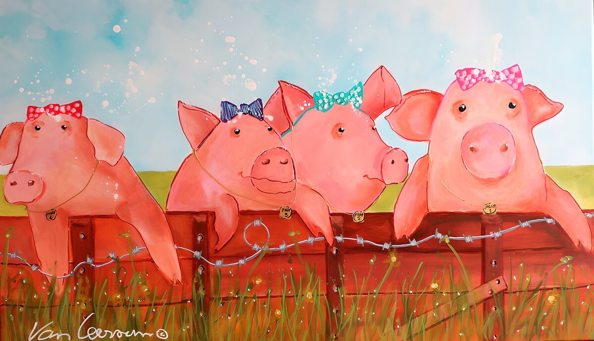 Vier roze varkens over het hek