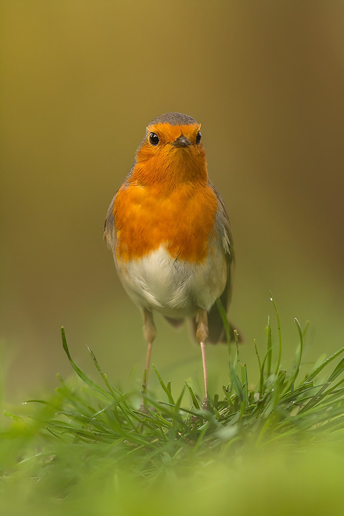 Roodborst rechtop in het gras