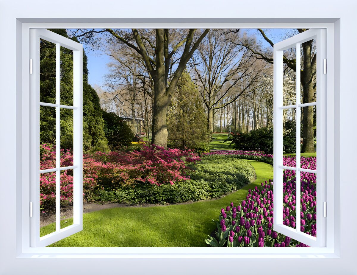 Open raam op een tuin vol tulpen