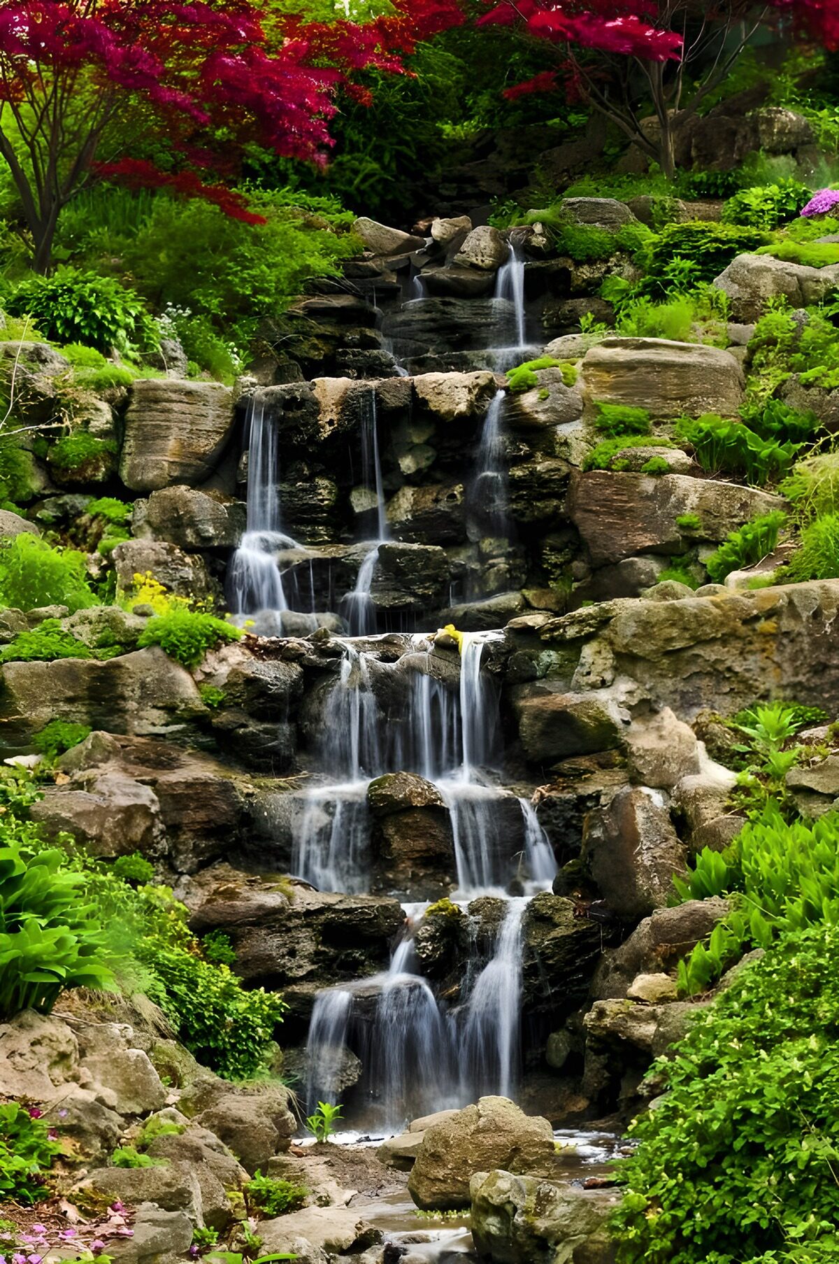 Waterval tussen rotsen en groen