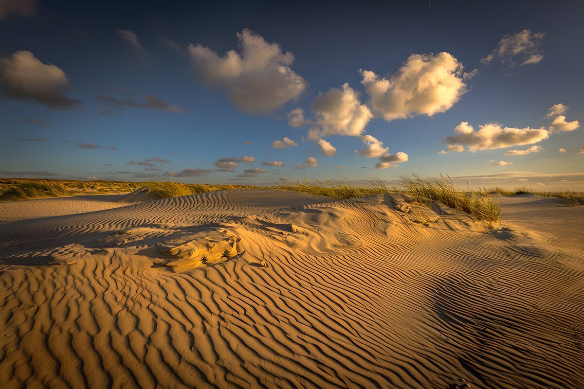 Zandduinen in de avondzon