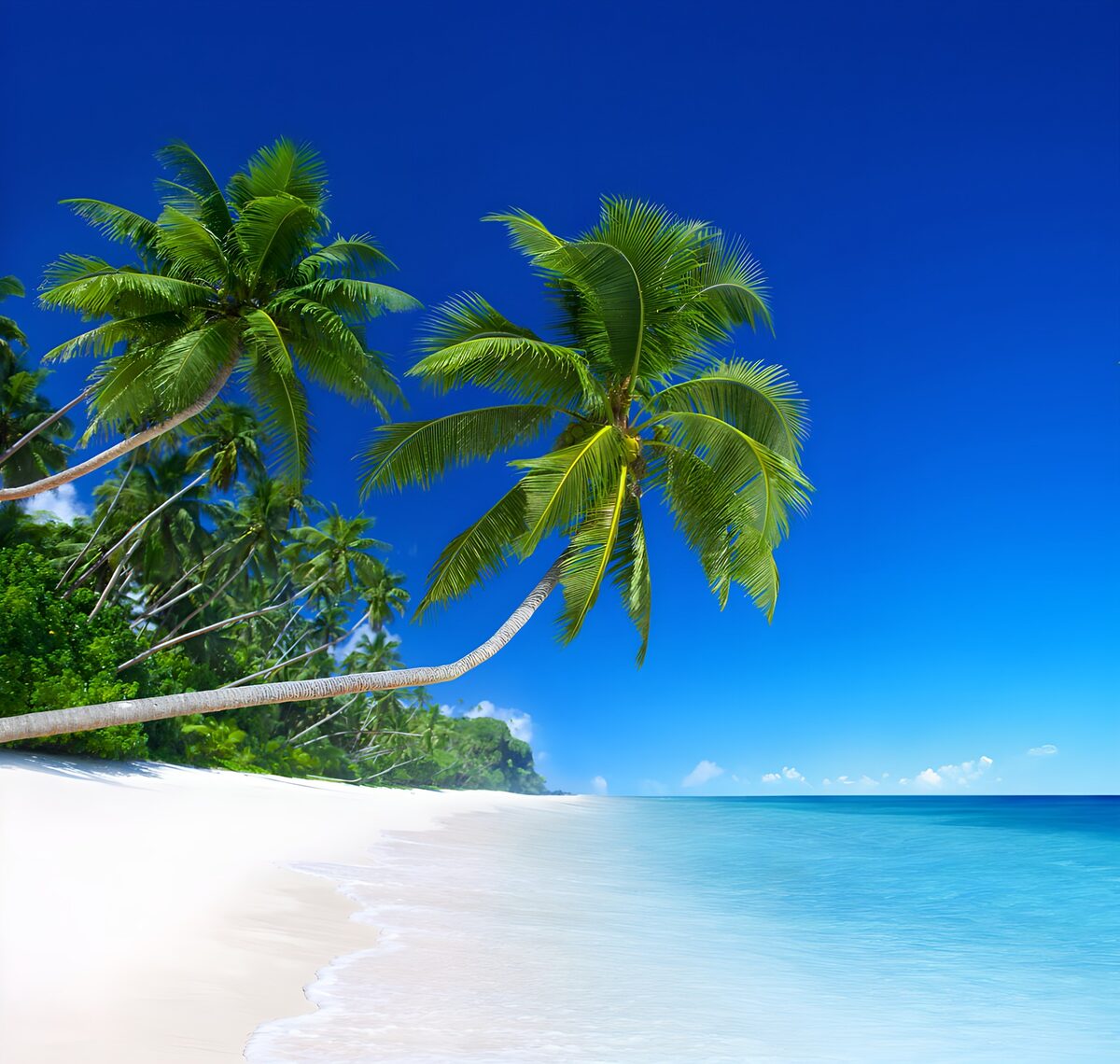 Wit strand onder wuivende palmen