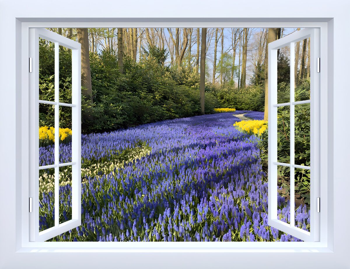 Open raam op een blauwgele lentetuin