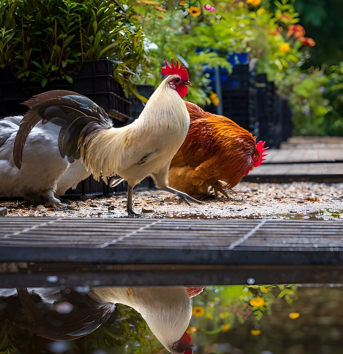 Witte haan in een zonnige tuin
