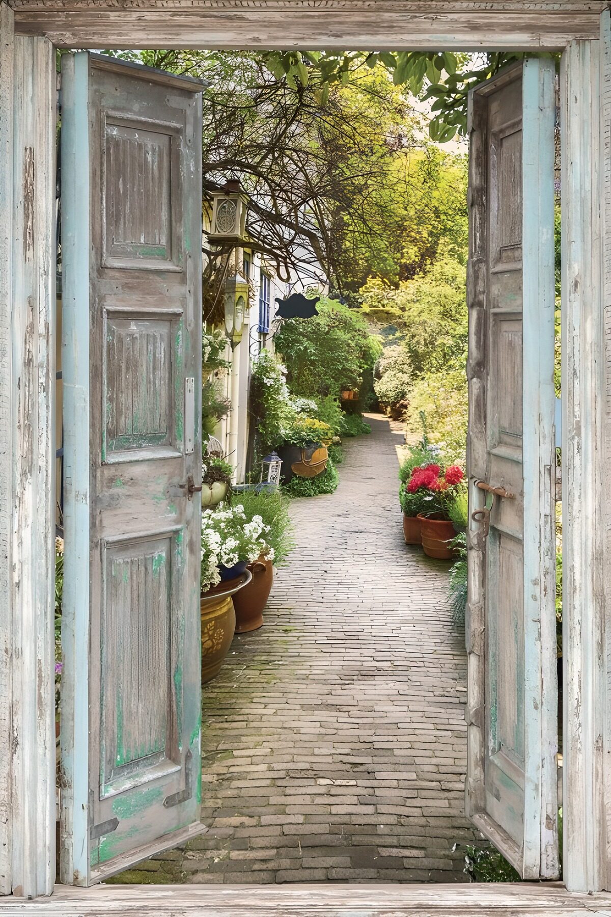 Open tuindeuren aan een groen pad