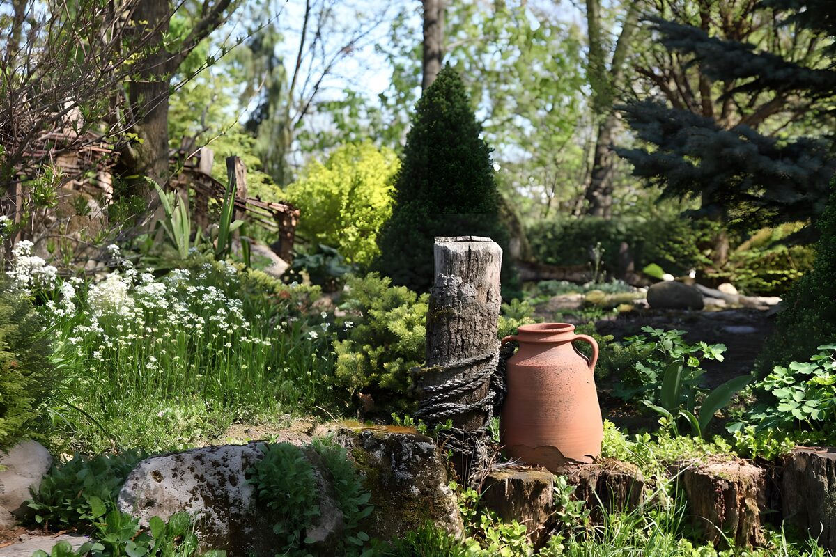 Terracotta kruik in een groene tuin