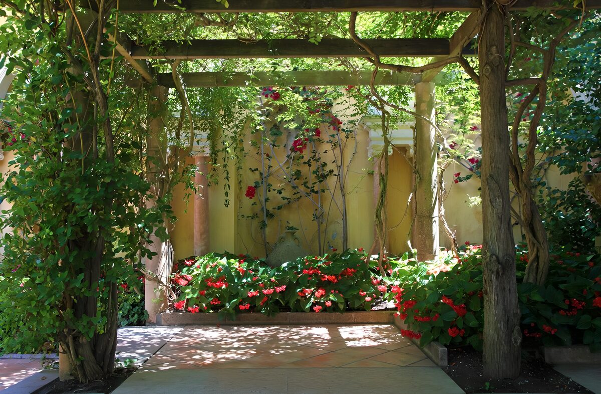 Groene pergola met rode bloemen