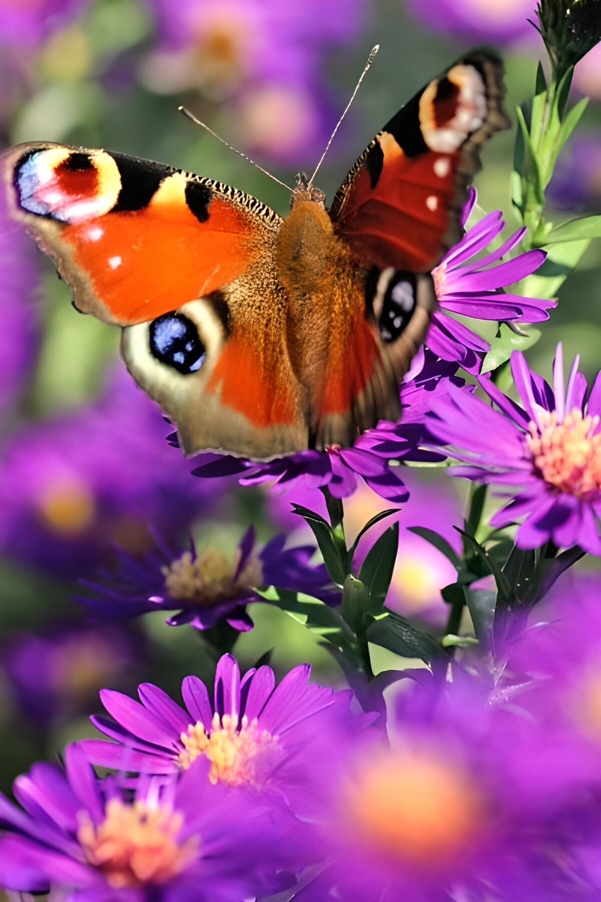 Dagpauwoog op paarse bloemen