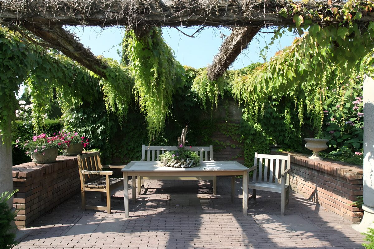 Tuintafel onder een groene pergola