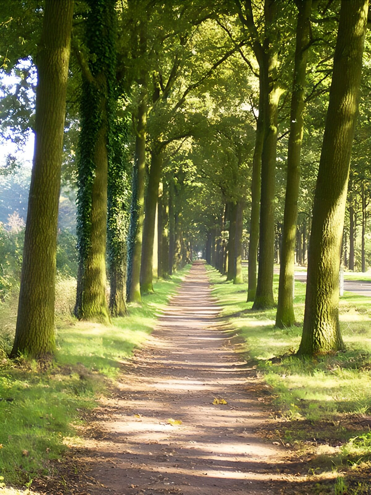 Zonnig zandpad tussen hoge bomen