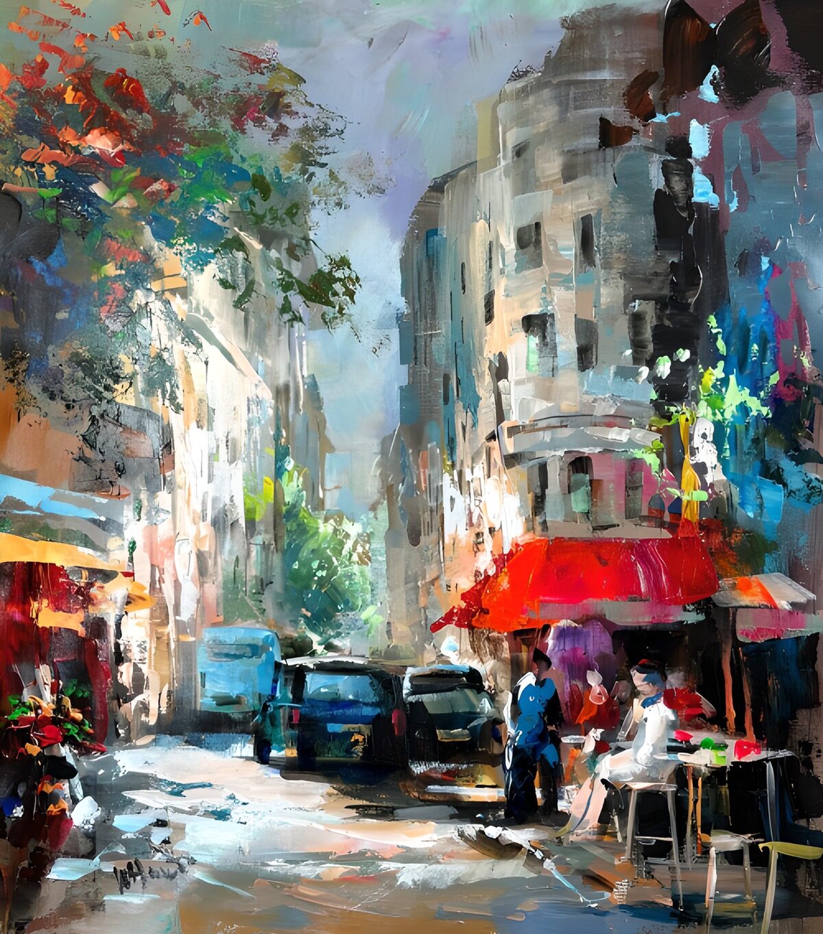Kleurrijke straat met caféterras