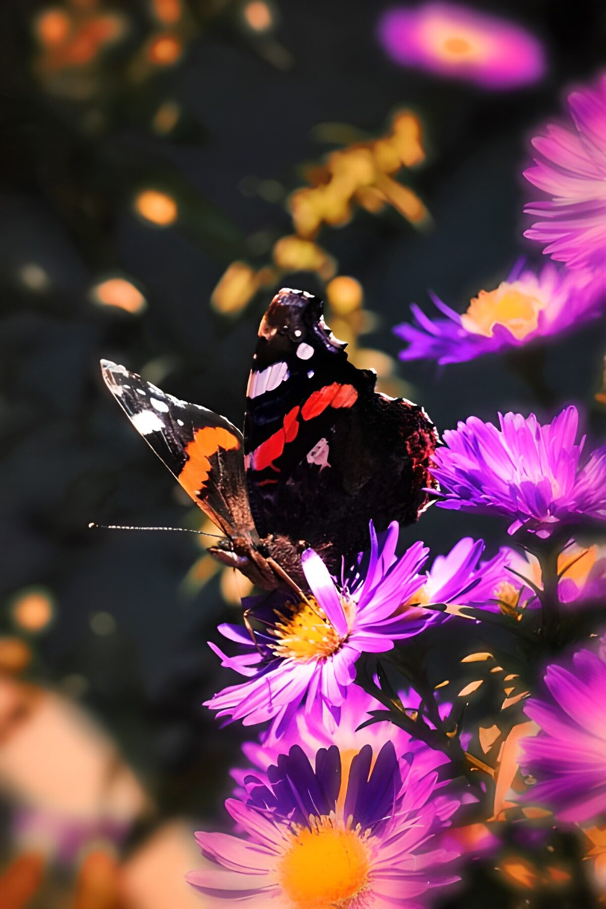 Vlinder op paarse bloemen in de zon