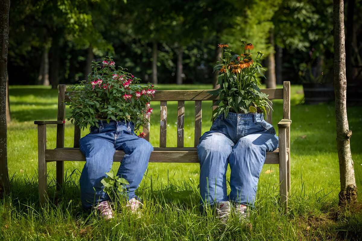 Tuinbank met bloemen in spijkerbroeken