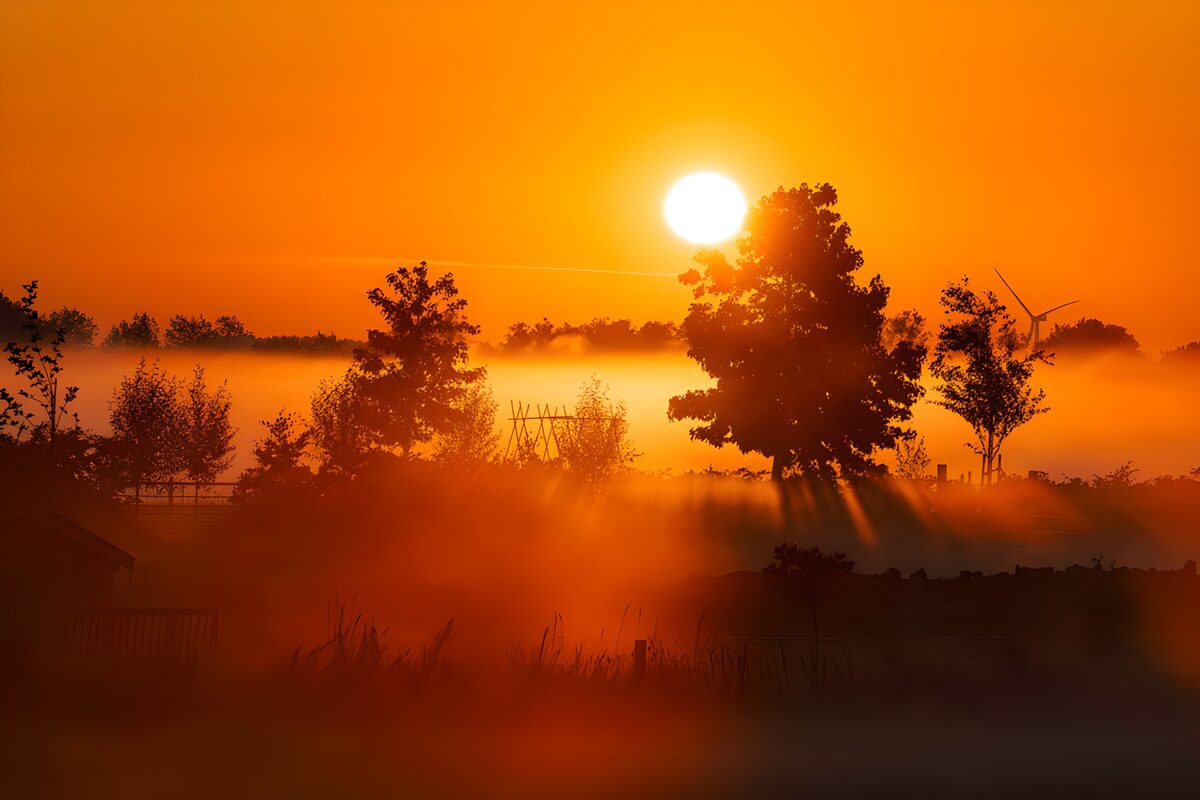Zonsopgang boven een mistig veld