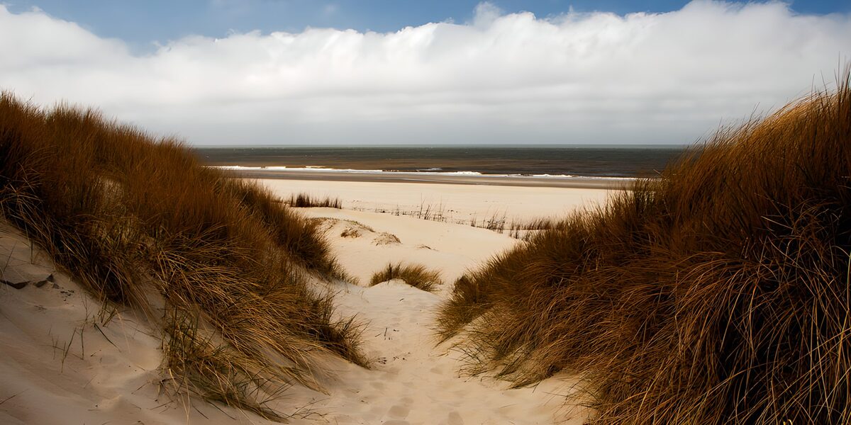 Duinen en zee onder een wolkendek